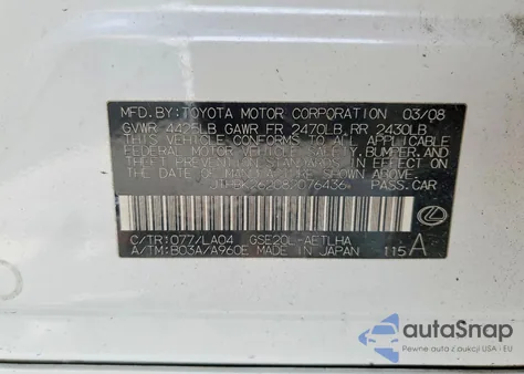 2008 Lexus Is 250 z USA, uszkodzony, nr VIN JTHBK262082076436